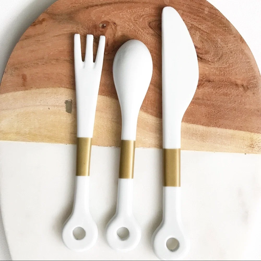 White & Gold Ceramic Fork Knife Spoon Set NWOT
